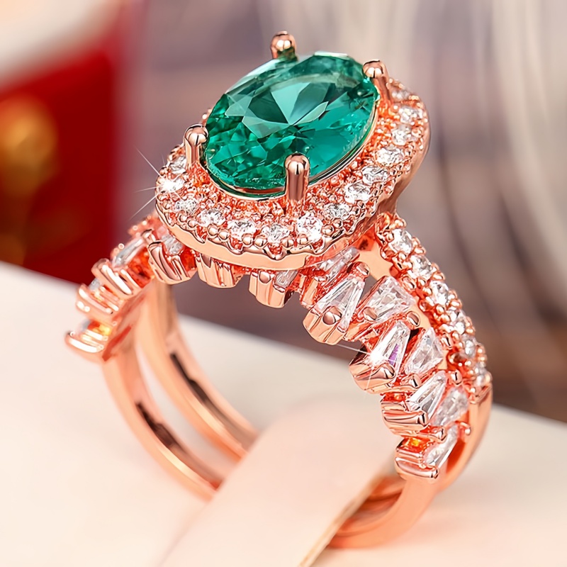 2pc Luxury Inlay Oval Green Zircon Halo Ring Set